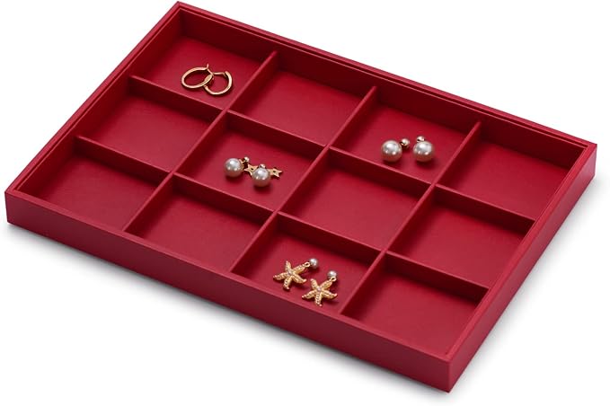Oirlv Gorgeous Red Leather Jewelry Tray 12 Grid Jewelry Drawer Organizer - Image 4