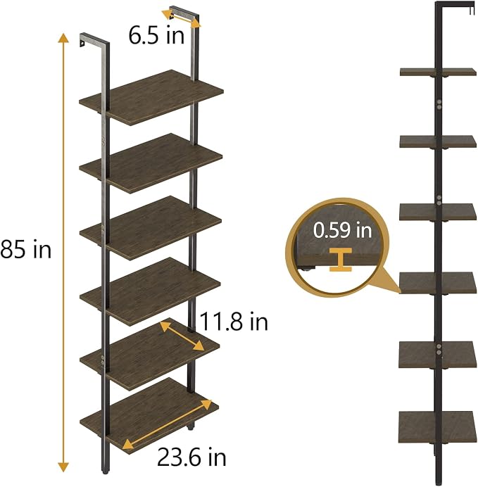 Ladder Shelf Black 6 Tiers Modern Bookshelf Room Organizer Open Tall Wall Mount - Image 3