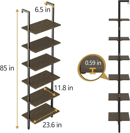 Ladder Shelf Black 6 Tiers Modern Bookshelf Room Organizer Open Tall Wall Mount - Image 3