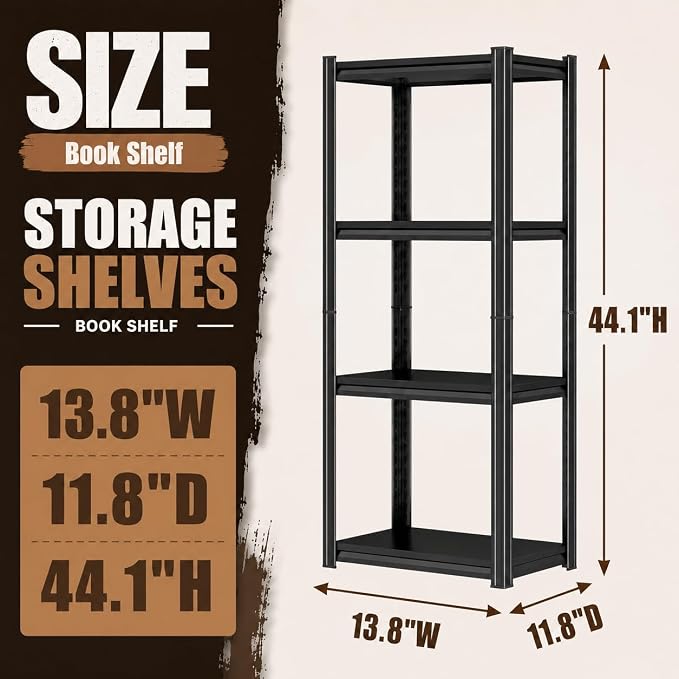 4 Tier Metal Bookshelf, Adjustable Tall Bookcase, Heavy Duty 2400 LBS Modern - Image 2