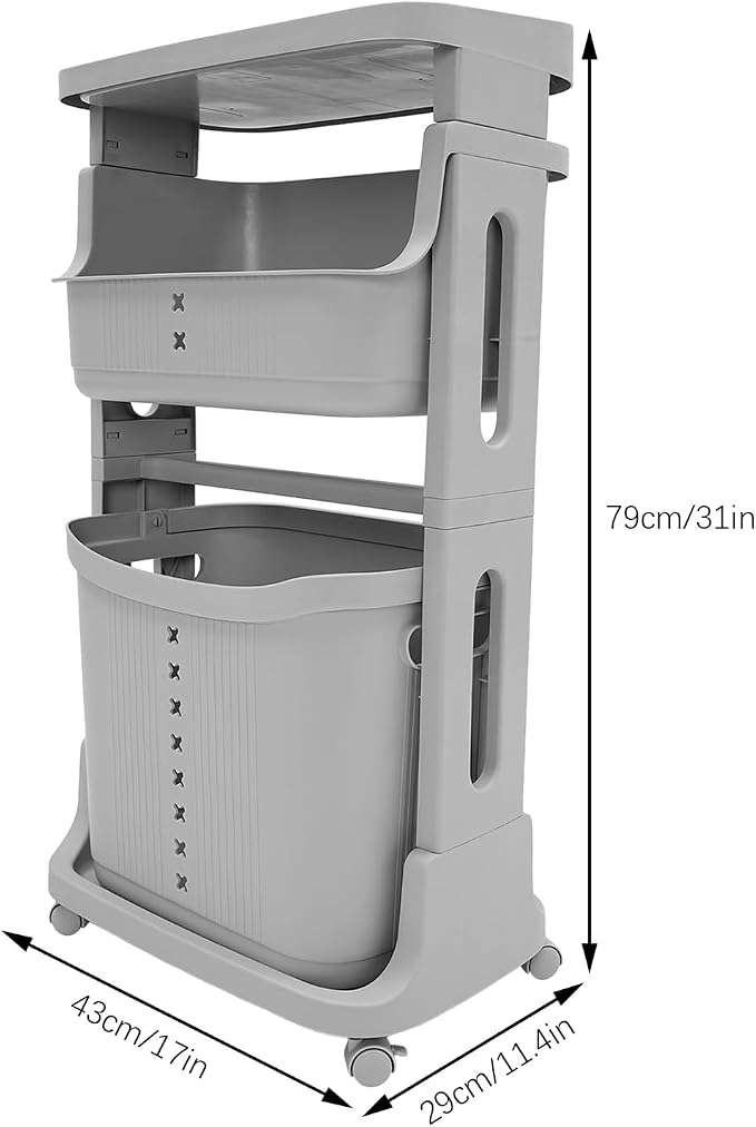 3-Layer Laundry Basket, Portable Washing Storage Clothes Hamper w/Wheels - Image 2