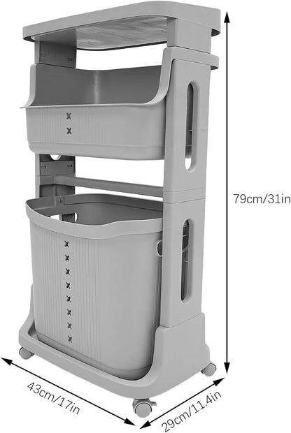 3-Layer Laundry Basket, Portable Washing Storage Clothes Hamper w/Wheels - Image 2