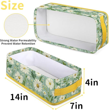 Daisy Green White Flowers Bathroom Storage Basket, Foldable - Image 2