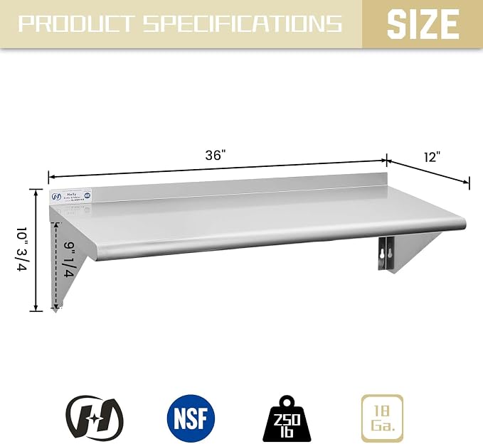 Hally Stainless Steel Shelf 12 x 36 Inches 250 lb, NSF Commercial Wall Mount - Image 3