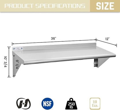 Hally Stainless Steel Shelf 12 x 36 Inches 250 lb, NSF Commercial Wall Mount - Image 3