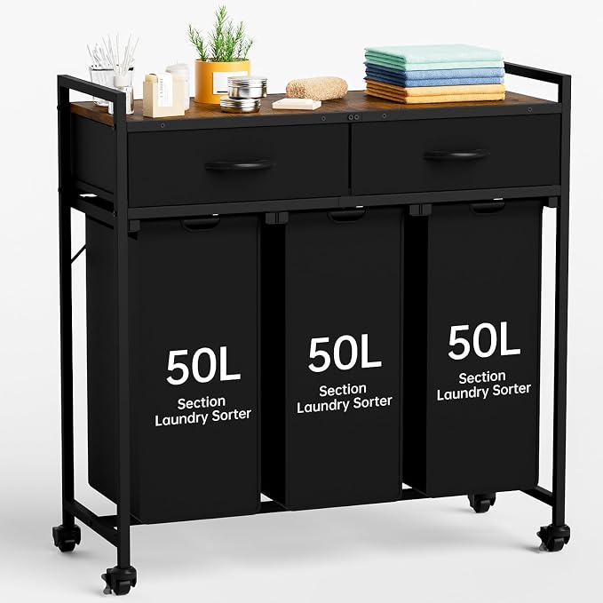 Laundry Sorter with 3 Section Pull Out Bags Rolling Laundry Basket Organizer by NATURESSOURCE
