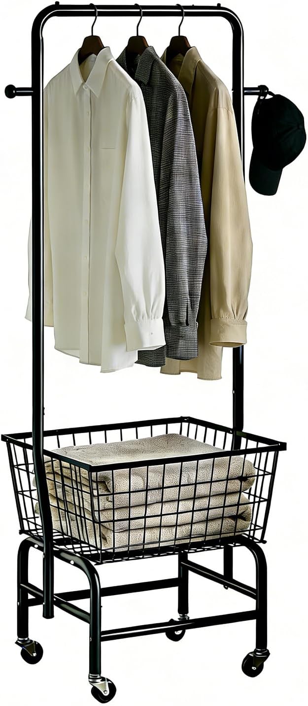 Rolling Laundry Cart with Hanging Rack Metal Laundry Basket with Wheels Laundry by YIJIEFANG