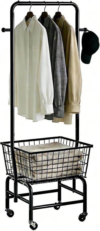 Rolling Laundry Cart with Hanging Rack Metal Laundry Basket with Wheels Laundry by YIJIEFANG