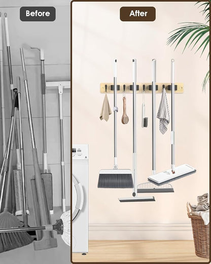 Broom Holder Wall Mounted, Light Wood 4 Holders and 4 Hooks Mop Holder - Image 2
