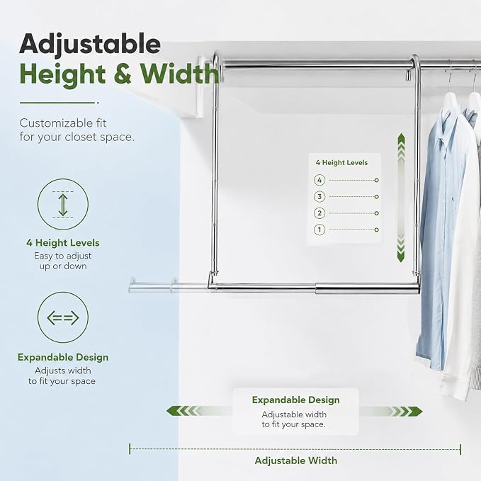 2 Pack Hanging Closet Rod Stainless Steel, Adjustable Width & Height 16–27.5 in - Image 7