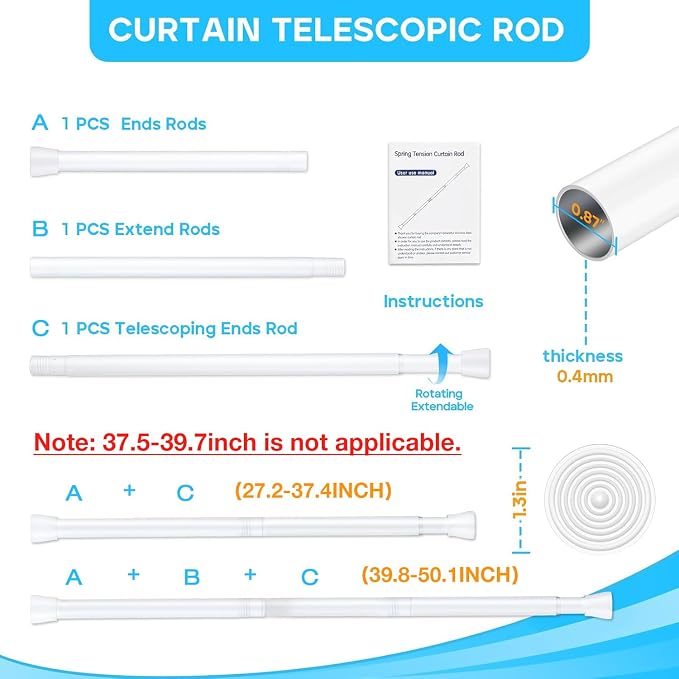 White Tension Curtain Rod for Windows 28 to 48 Inch, 7/8"Small Shower Curtain - Image 2