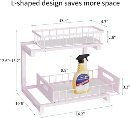 Under Sink Organizer Storage: Adjustable Height, 2 Tier L-Shaped Pull-Out Metal - Image 6