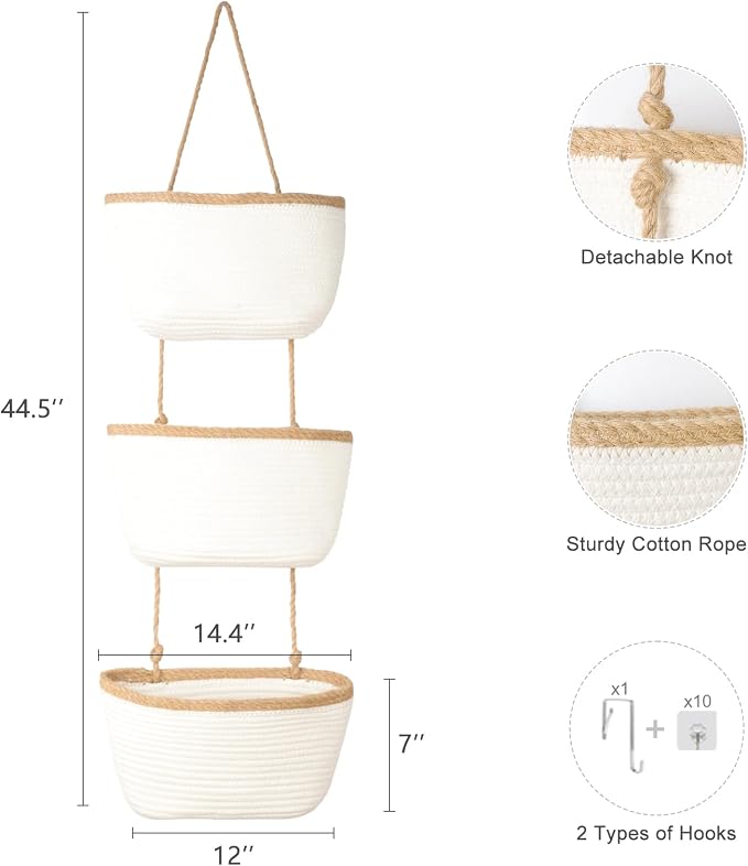 TeoKJ Over the Door Hanging Basket, 3-Tier Woven Cotton Wall-Mounted Storage - Image 2