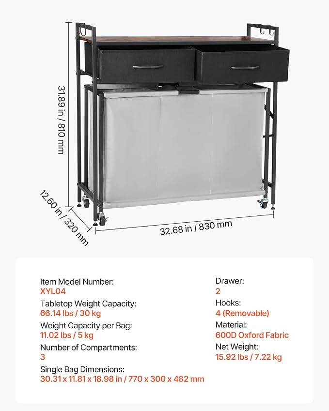 VEVOR 3 Section Laundry Sorter, Rolling Laundry Hamper - Image 7