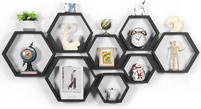 CADUKE Hexagon Floating Shelves Set of 8, Hanging Shelf Storage Racks, Living - Image 7