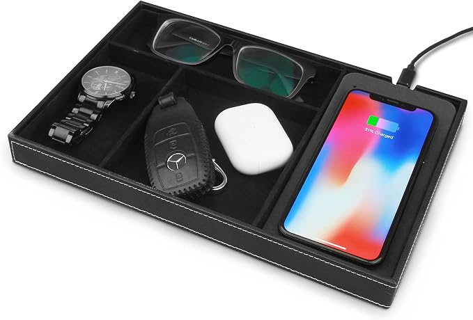 TopMade Valet Tray with Wireless Charging Pad Nightstand Organizer, Leather - Image 4