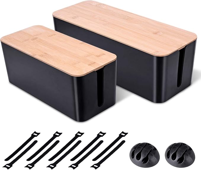 2 Pack Large Cable Management Box – Wooden Style Cord Organizer Box and Cover by Unknown