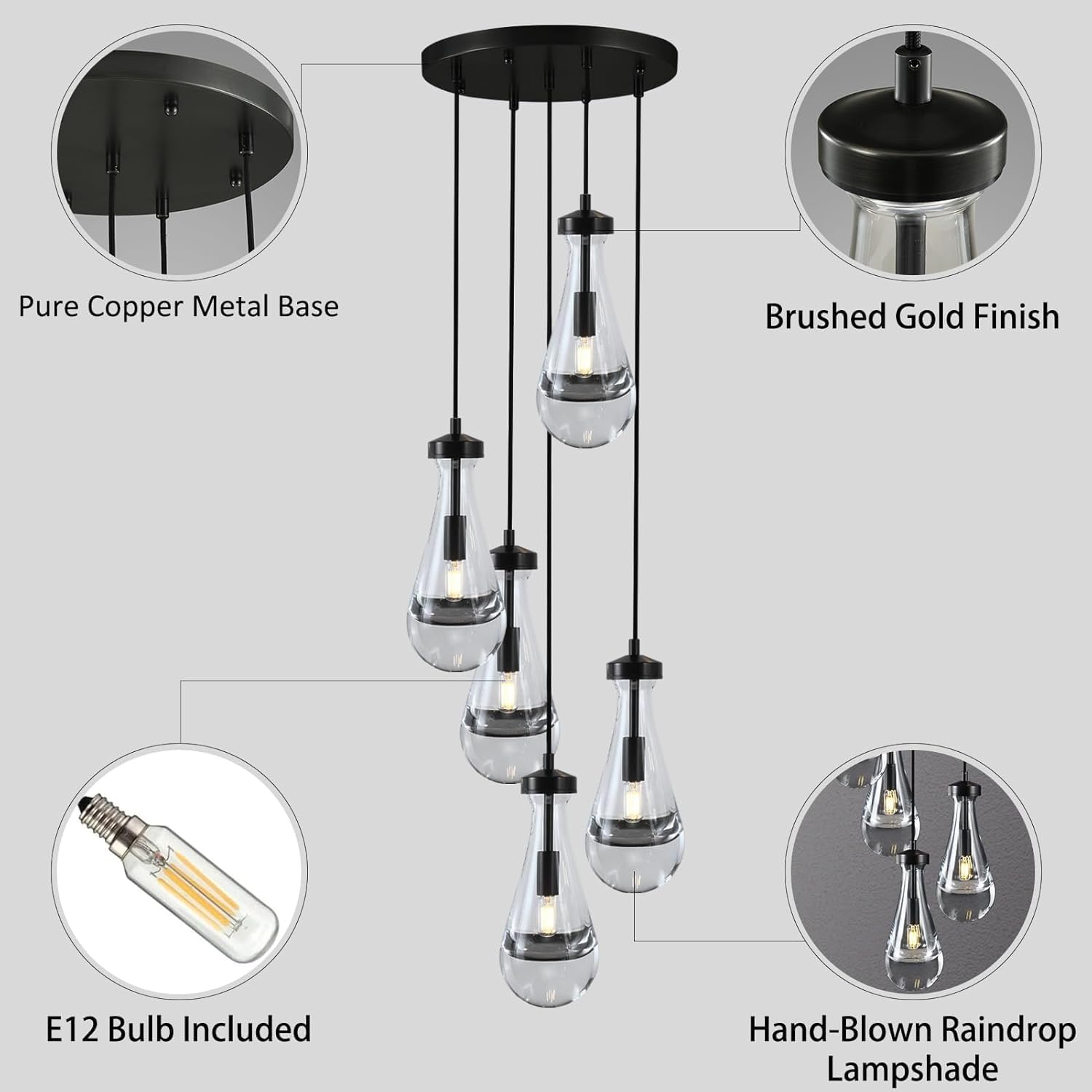 Bronze 5 Light Raindrop Chandeliers, Black Cluster Pendant Light Teardrop Dining Room Light Fixture Pendant Lights Kitchen Island, Hanging Ceiling Pendant Lighting for Entryway Living Room
