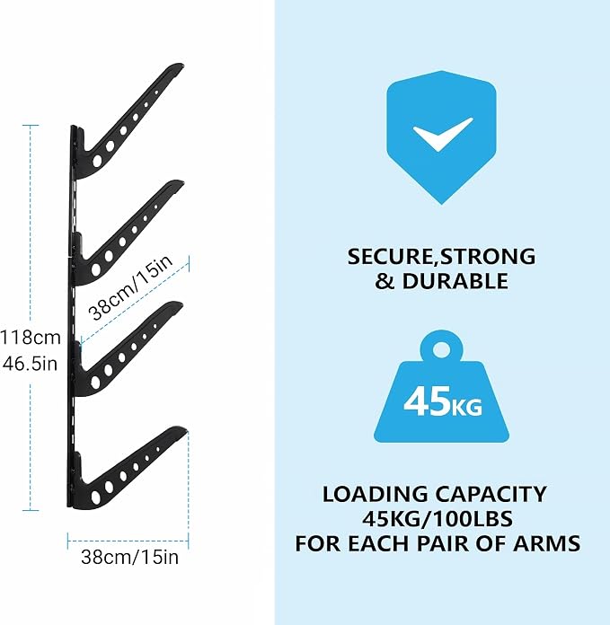 4 Board Surf Rack Wall Mount for Surfboard, Snowboard Storage Adjustable Wall - Image 3