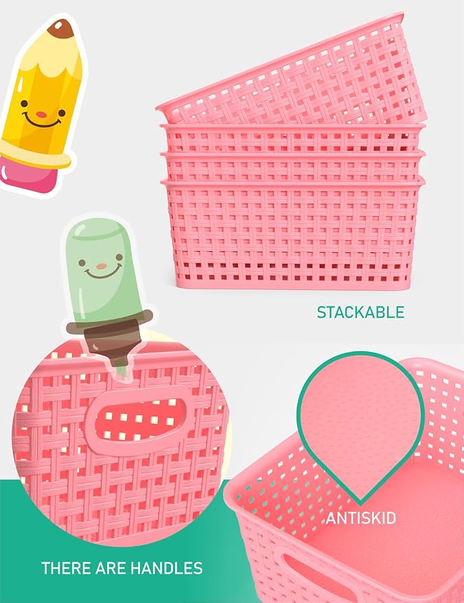 WYT 6-Pack Plastic Small Shelf Storage Weave Baskets Organizing - Image 3