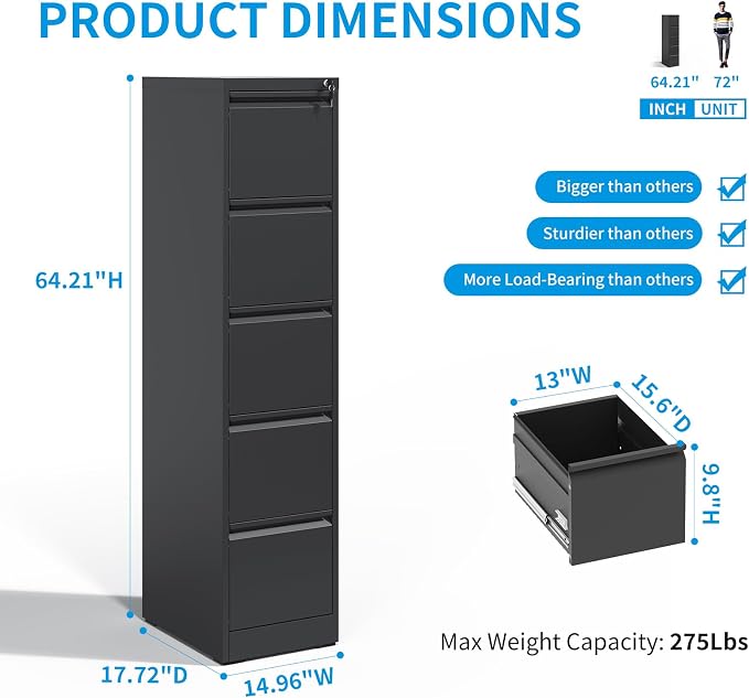 5 Drawer File Cabinet with Lock, Metal Vertical Filing Cabinet - Image 3