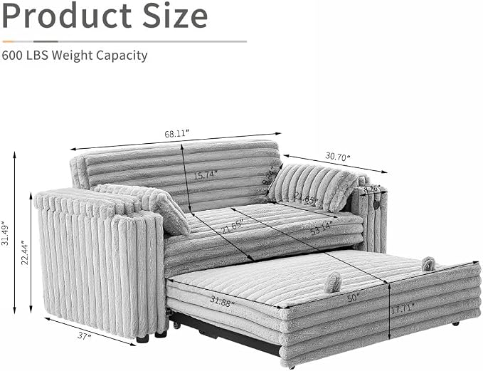 hansones 68.11" Corduroy Sleeper Chair Bed - Image 2