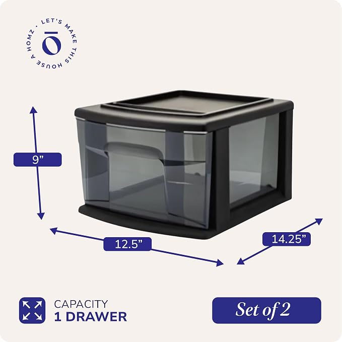 HOMZ 1 Drawer Storage Cart, Medium Plastic Container, 2 Pack | 14.25" Wide - Image 3