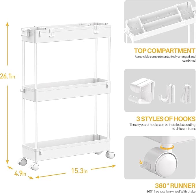 SPACELEAD 2-piece Set Slim Storage Cart 3 Tier, Bathroom Organizer Rolling - Image 2