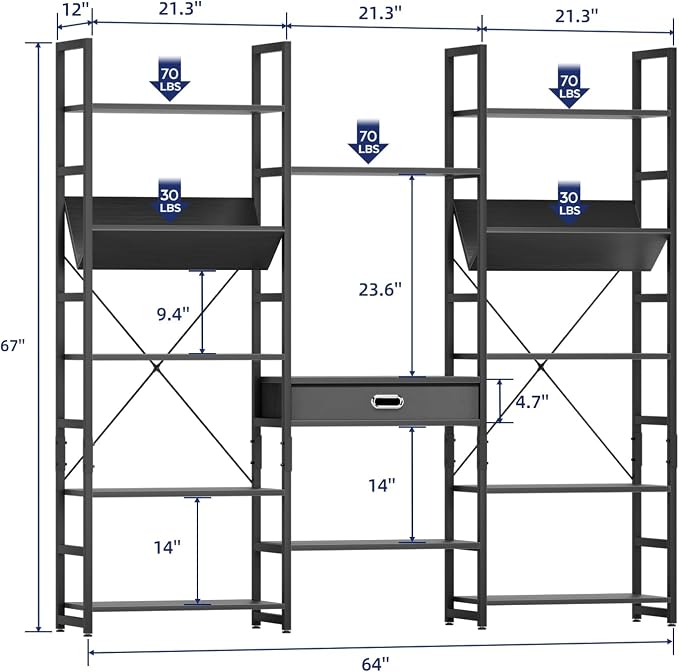 NUMENN Bookcases and Bookshelves Triple Wide 5 Tier Bookshelf, Large Etagere - Image 2