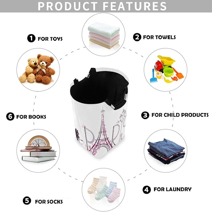 Tower Eiffel With Paris Lettering Large Laundry Hamper with Handle Foldable - Image 4