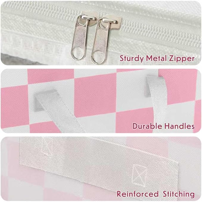 Pink Checkered Clothes Storage Bins, 100L Large Blanket Storage Bags 3 Pack - Image 6