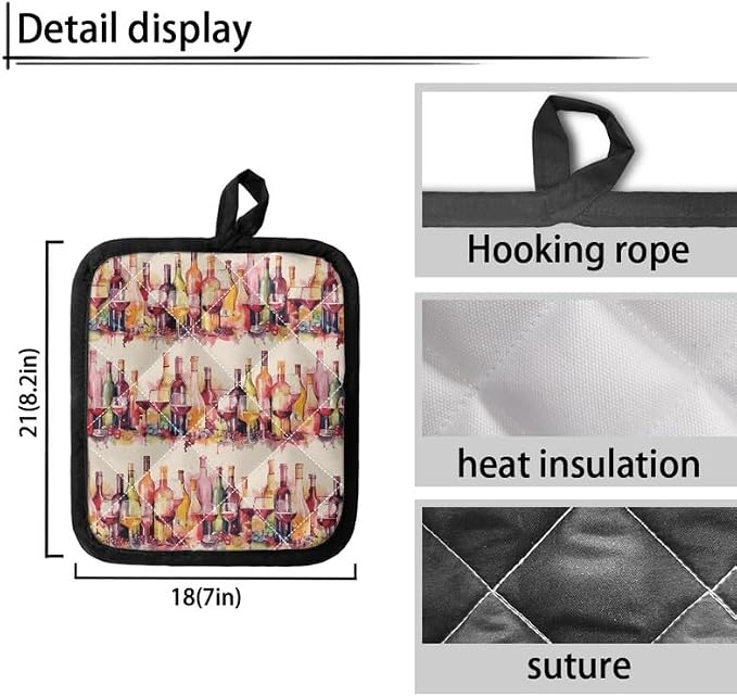 Red Wine Hot Pads Washable for Kitchens, Cup 2Pcs Oven Hot Pads Polyester Pot - Image 3