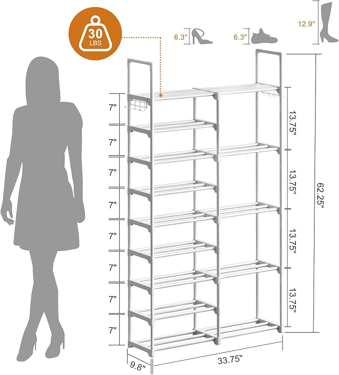WOWLIVE 9 Tier 2-Column Shoe Rack, 30-35 Pairs Stackable White | Compact - Image 3