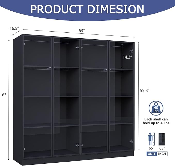 Glass Display Cabinet with LED Lights Set of 2, Display Case Bookcase with - Image 2