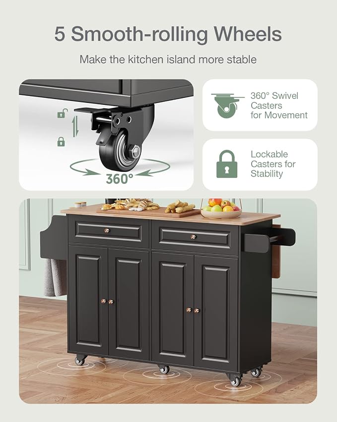Kitchen Island with Storage, Kitchen Cart on 5 Universal Wheels, Mobile Kitchen - Image 4