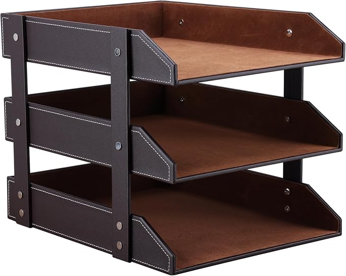 KINGFOM Letter Tray, Leather Paper Organizer Tray, Wooden Desk File Holder - Image 4