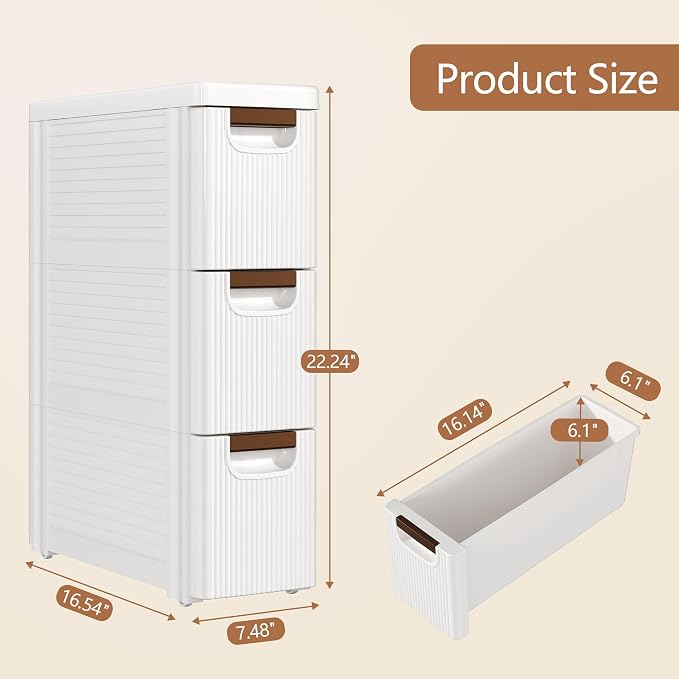 VECELO 3-Drawer Narrow Bathroom Storage Cabinet, Mobile Plastic Slim Rolling - Image 4