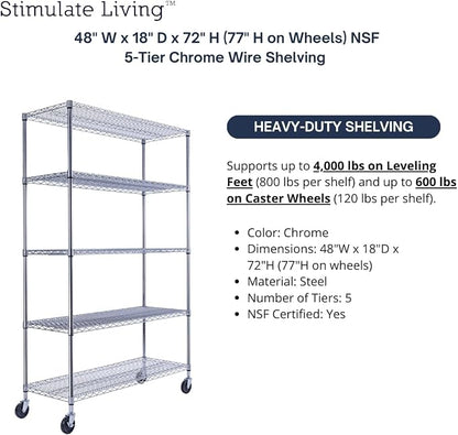48"x18"x72" PRIME HEAVY DUTY Chrome 5-Tier Wire Shelving NSF 4000 LBS MAX - Image 4