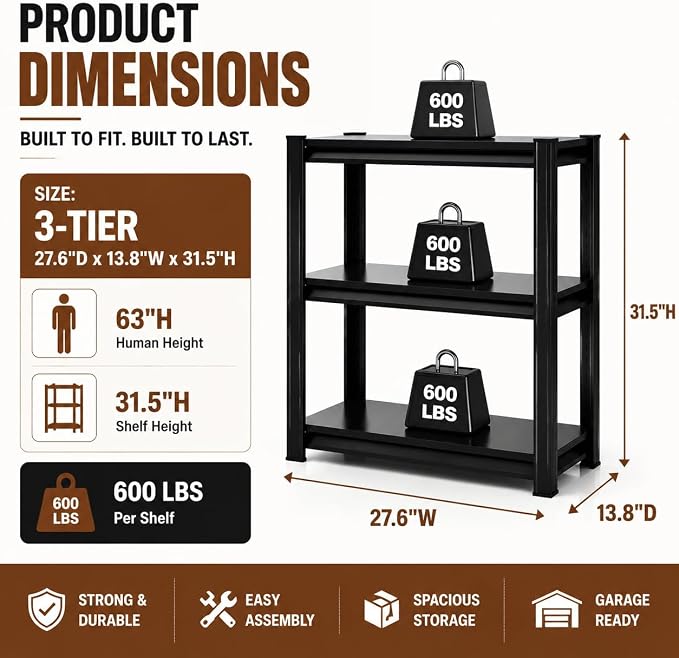 3 Tier Metal Bookshelf, Adjustable Tall Bookcase, Heavy Duty 1800 LBS Modern - Image 3