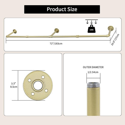 Oroonoko 72inch Gold Wall Mounted Clothes Rack, Industrial Pipe Garment Rack - Image 2