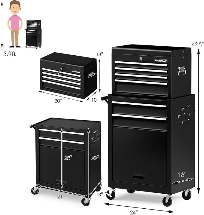 Goplus 6 Drawers Tool Chest, 2-in-1 Rolling Tool Box - Image 2