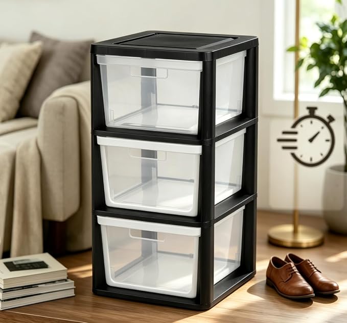 Black 3 Drawer Storage Tower, Plastic Organizer Cabinet - Image 4