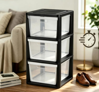 Black 3 Drawer Storage Tower, Plastic Organizer Cabinet - Image 4