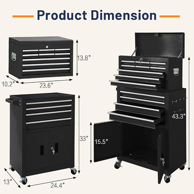13-Drawer Double Door Rolling Tool Chest, 2 in 1 Detachable Tool Chest - Image 3