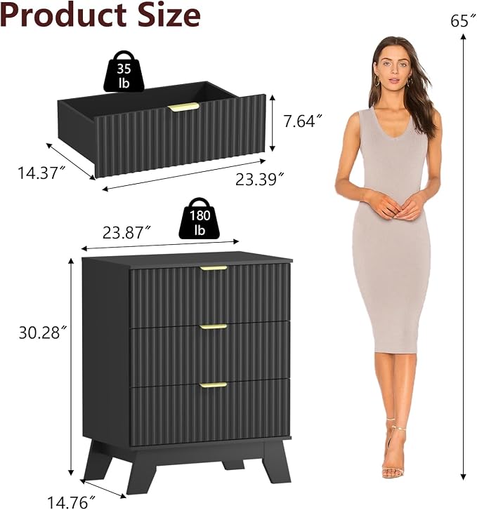 Fluted Dresser for Bedroom, 3 Drawer Dresser for Closet, Storage Cabinet and - Image 2