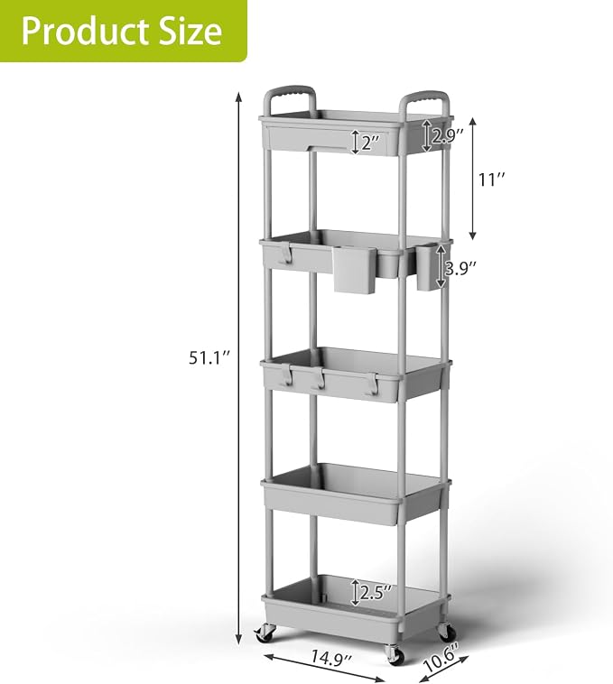 Sorgion 5 Tier Rolling Cart Organizer, Bathroom Cart Organizers - Image 3
