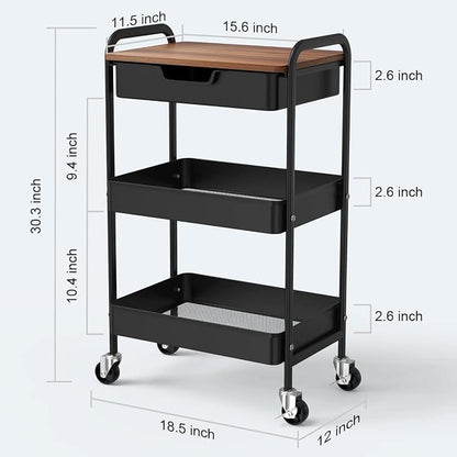 3 Tier Rolling Cart with Drawer, Metal Utility Cart on Wheels Storage Cart with - Image 3