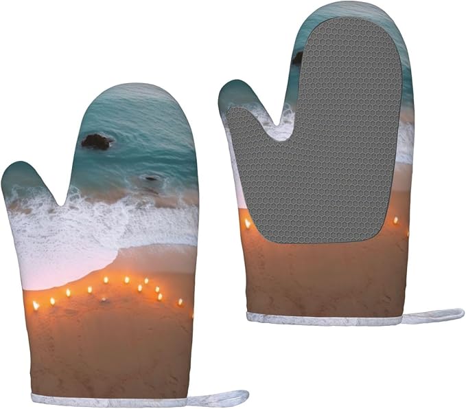 Romantic Beach Print Oven Mitts Set of 2, Heat Resistant Silicone Oven Mittens by Unknown