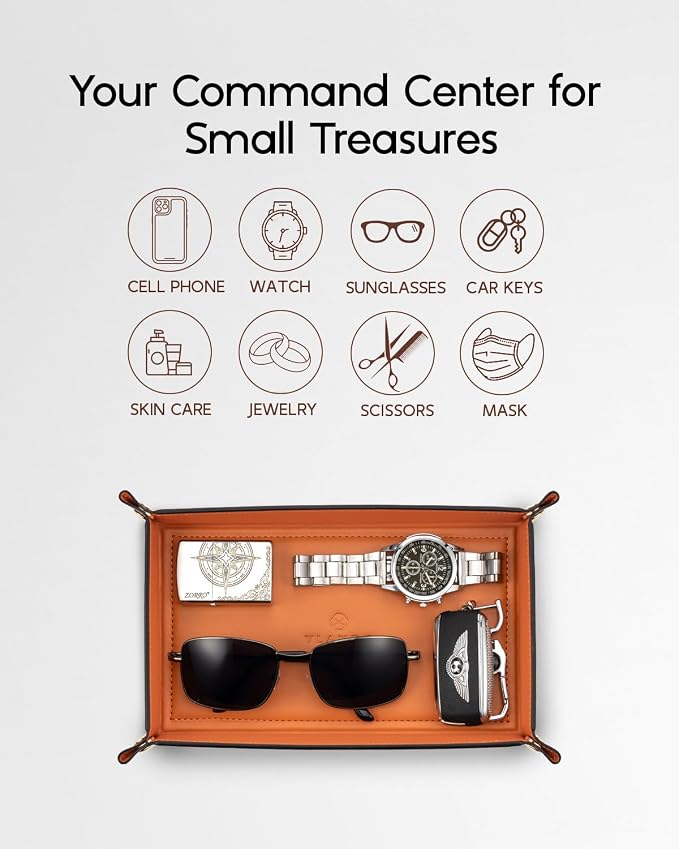 VLANDO Valet Tray, Foldable PU Leather Catchall Tray, Phone and Glasses - Image 2