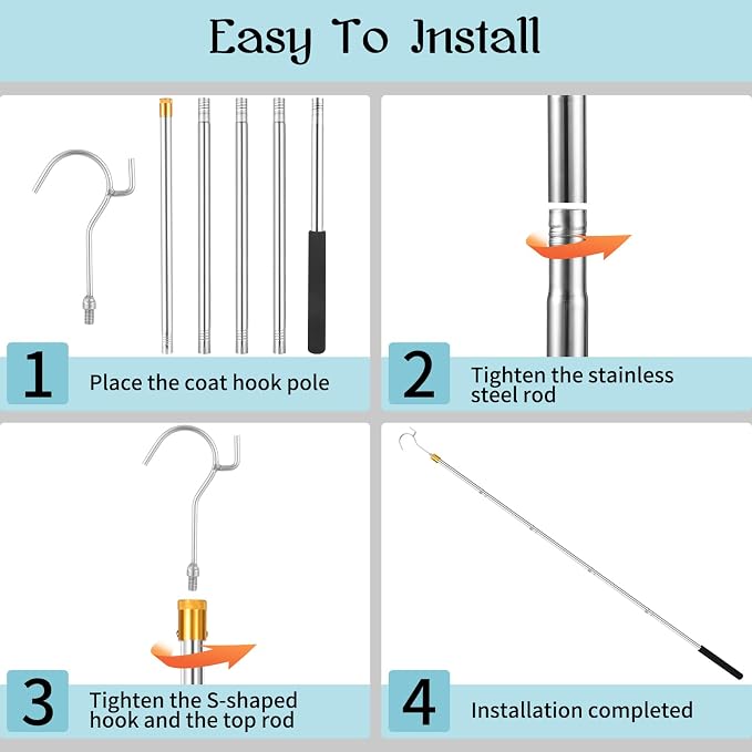 Clothes Hook Pole, Adjustable from 28" to 74", Closet Coat Rack Hook Rod | - Image 7